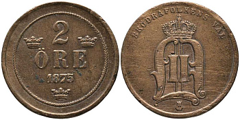 Швеция 2 эре 1875 Оскар II (1872-1907) король Швеции и Норвегии KM 735 бронза 117-451