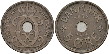 Дания 5 эре 1927 Кристиан X (1912-1947) KM 828 бронза 4148-213