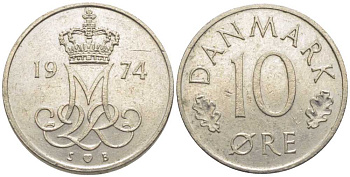 ДАНИЯ 10 ЭРЕ 1974 S; B, МАРГРЕТЕ II (1972-) KM 860.1 медно-никель 116-242