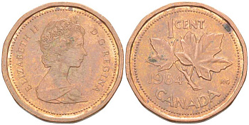 КАНАДА 1 ЦЕНТ 1984 КЛЕНОВЫЙ ЛИСТ, ЕЛИЗАВЕТА II KM 132 бронза 105-262