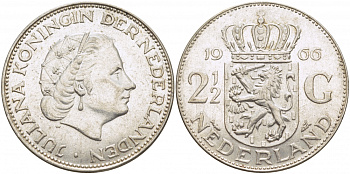 Нидерланды 2 1/2 гульдена 1966 Юлиана (1948-1980) KM 185 серебро 114-912