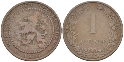 НИДЕРЛАНДЫ 1 ЦЕНТ 1906 ВИЛЬГЕЛЬМИНА I (1891-1948) KM 132.1 бронза 4547-1167