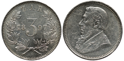 Южно-Африканская Республика - Трансвааль 3 пенса 1897 ZAR, Крюгер KM 3 серебро 1528-822