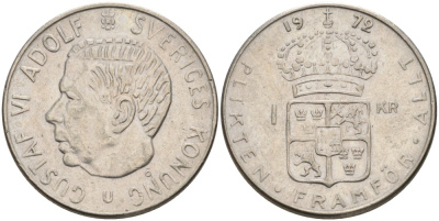 Швеция 1 крона 1972 U, Густав VI Адольф (1950-1973) KM 826а медь плакированная медно-никелем 4557-416