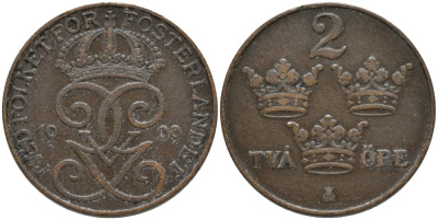 Швеция 2 эре 1909 Густав V (1907-1950) KM 778 бронза 63-1052
