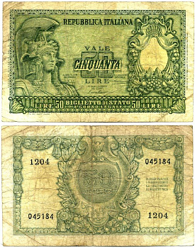 Италия 50 лир 1951 Афина Pick 91а бумага 7217-89-1-2