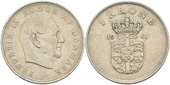 ДАНИЯ 1 КРОНА 1961 C; S, ФРЕДЕРИК IX (1947-1972) KM 851.1 медно-никель 38-522
