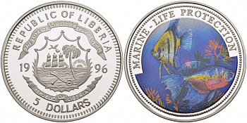 Либерия 5 долларов 1996 серия охрана морской среды, морские виды, цветная эмаль, тираж 5000 экз. серебро PROOF 04-093-35