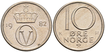 Норвегия 10 эре 1982  КМ 416 медно-никель    4169-331