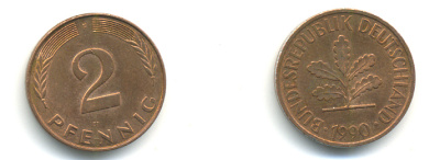 ФРГ 2 ПФЕННИГА 1990 F KM 106a, J.381a сталь плакированная сталь плакированная медьюю 176-714