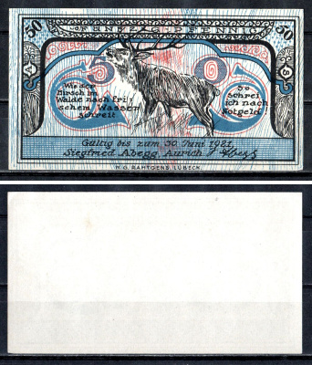 Аурих (Пруссия, Ганновер) 50 пфеннигов 1921 Mehl Grabowski 56.1 бумага UNC (пресс) 7556-47-2-1