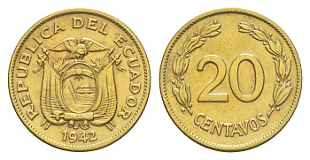 Эквадор 20 сентаво 1942 KM 77.1a латунь aUNC 4640-1214