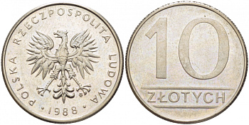 ПОЛЬША 10 ЗЛОТЫХ 1988 MW KM 152.1 медно-никель UNC 3856-1132