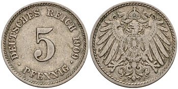 Германия 5 пфеннигов 1909 A KM 11, J. 12 медно-никель 4151-514