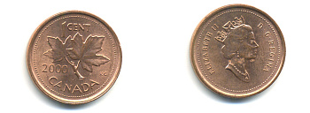 Канада 1 цент 2000 Елизавета II (1952-2022), кленовый лист KM 289 сталь плакированная медью 177-1445