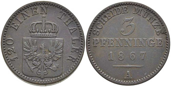ПРУССИЯ 3 ПФЕННИГА 1867 А, ВИЛЬГЕЛЬМ I (1861-1888) KM 482 медь 117-937