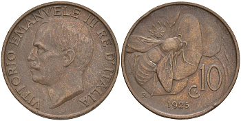 ИТАЛИЯ 10 ЧЕНТЕЗИМО 1925 ПЧЕЛА KM 60 медь 4556-246