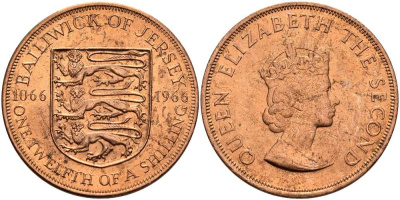 Джерси 1/12 шиллинга 1966 900 лет Нормандскому завоеванию KM 26 бронза UNC 4512-326