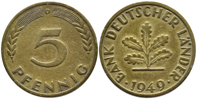 ФРГ 5 ПФЕННИГОВ 1949 D KM 102, J. 377 сталь плакированная латунью 4392-1017