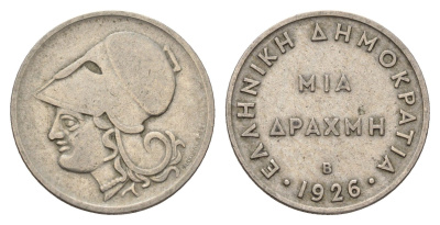 Греция 1 драхма 1926 Афина в коринфском шлеме, год-тип KM 69 медно-никель 4670-117