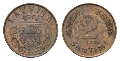 Латвия 2 сантима 1939 KM 11.2 бронза 4655-1229