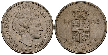 Дания 1 крона 1984 R;B, Маргрете II (1972-) KM 862.3 медно-никель 4176-525