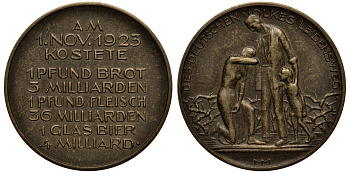 Германия медаль 1923 гиперинфляция, цены на продукты 1 ого ноября в Саксонии, 9,65 гр, 32 мм бронза 413-2813