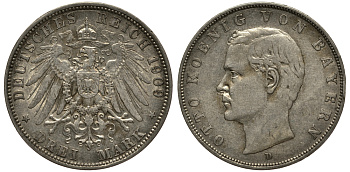 Бавария 3 марки 1909 Отто (1886-1913) Weege 45, J. 47, KM 515 серебро 3711-1932