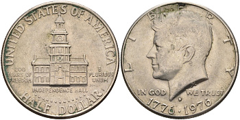 США 50 центов = 1/2 доллара 1976 D, 200 лет независимости, Джон Кеннеди KM 205 медь плакированная медно-никелем 4587-614