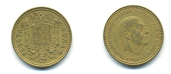 Испания 1 песета 1966 (74) Франсиско Франко (1939-1975) KM 796 алюминиевая бронза 177-112