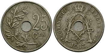 Бельгия 25 сантимов 1913 Belgie KM 69 медно-никель 4165-734