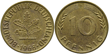 ФРГ 10 ПФЕННИГОВ 1968 D KM 108, J.383 сталь плакированная латунью 98-424