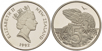 Новая Зеландия 5 центов 1992 Елизавета II (1952-2022), ящерица гаттерия, тираж 9000 экз. KM 60 медно-никель PROOF 1515-1643