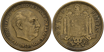 Испания 2 1/2 песеты 1953 (54) Франсиско Франко (1939-1975) KM 785 алюминиевая бронза    4597-133