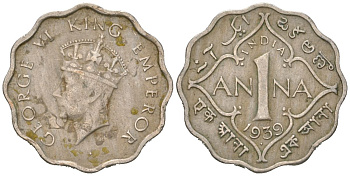 Британская Индия 1 анна 1939 Георг VI (1936-1952), точка - Бомбей KM 536 медно-никель 4615-243