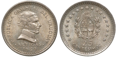 Уругвай 25 сентесимо 1960 KM 40 медно-никель 4169-1033