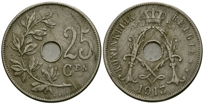 Бельгия 25 сантимов 1913 Belgie KM 69 медно-никель 4165-734
