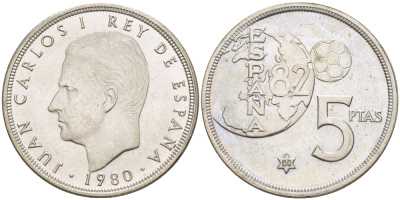 Испания 5 песет 1980 (80) чемпионат мира по футболу в Испании 1982 года, Хуан Карлос I ( 1975-) KM 817 медно-никель UNC 216-442