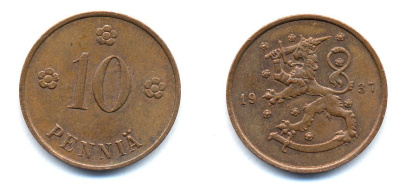Финляндия 10 пенни 1937 KM 24 медь 51-5634