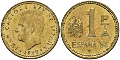 Испания 1 песета 1980 (82) чемпионат мира по футболу 1982 года в Испании, Хуан Карлос I (1975 - 2014) KM 816 алюминиевая бронза 4604-313