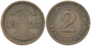 Германия 2 рентенпфеннига 1923 G, Вильгельм II (1888-1918) KM 31, J. 307 бронза 4615-723