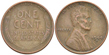 США 1 ЦЕНТ 1944 S, ЛИНКОЛЬН KM А132 медь цинк 218-146