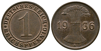 Германия 1 рейхспфенниг 1936 A KM 37, J. 313 бронза 220-149