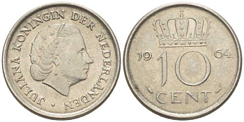 НИДЕРЛАНДЫ 10 ЦЕНТОВ 1964 ЮЛИАНА (1948-1980) KM 182 никель 214-1169