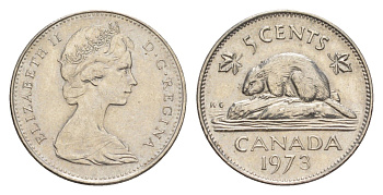 Канада 5 центов 1973 Елизавета II (1952-2022), бобр KM 60.1 никель 4639-459