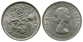 Великобритания 6 пенсов 1967 Елизавета II (1952-2022) KM 903, Spink 4149 медно-никель 4381-862