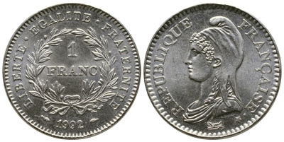 Франция 1 франк 1992 200 лет Французской республике KM 1004.1, Le Franc 229.2 никель 176-451