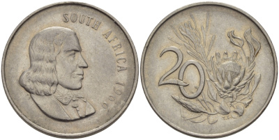 ЮАР 20 ЦЕНТОВ 1966 SOUTH, ЯН ВАН РИБЕК (1619-1677), ГОЛАНДСКИЙ ИССЛЕДОВАТЕЛЬ , МОРЕПЛАВАТЕЛЬ, ОСНОВАТЕЛЬ Г. КЕЙПТАУНА, ЦВЕТОК ПРОТЕЯ, АНГЛИЙСКАЯ ЛЕГЕНДА KM 69.1 никель 67-434