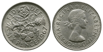 Великобритания 6 пенсов 1967 Елизавета II (1952-2022) KM 903, Spink 4149 медно-никель 4381-862