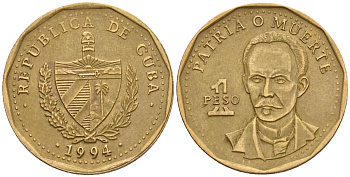 Куба 1 песо 1994 Хосе Марти KM 347, JMA 95, Schoen B34 сталь плакированная латунью 4116-152